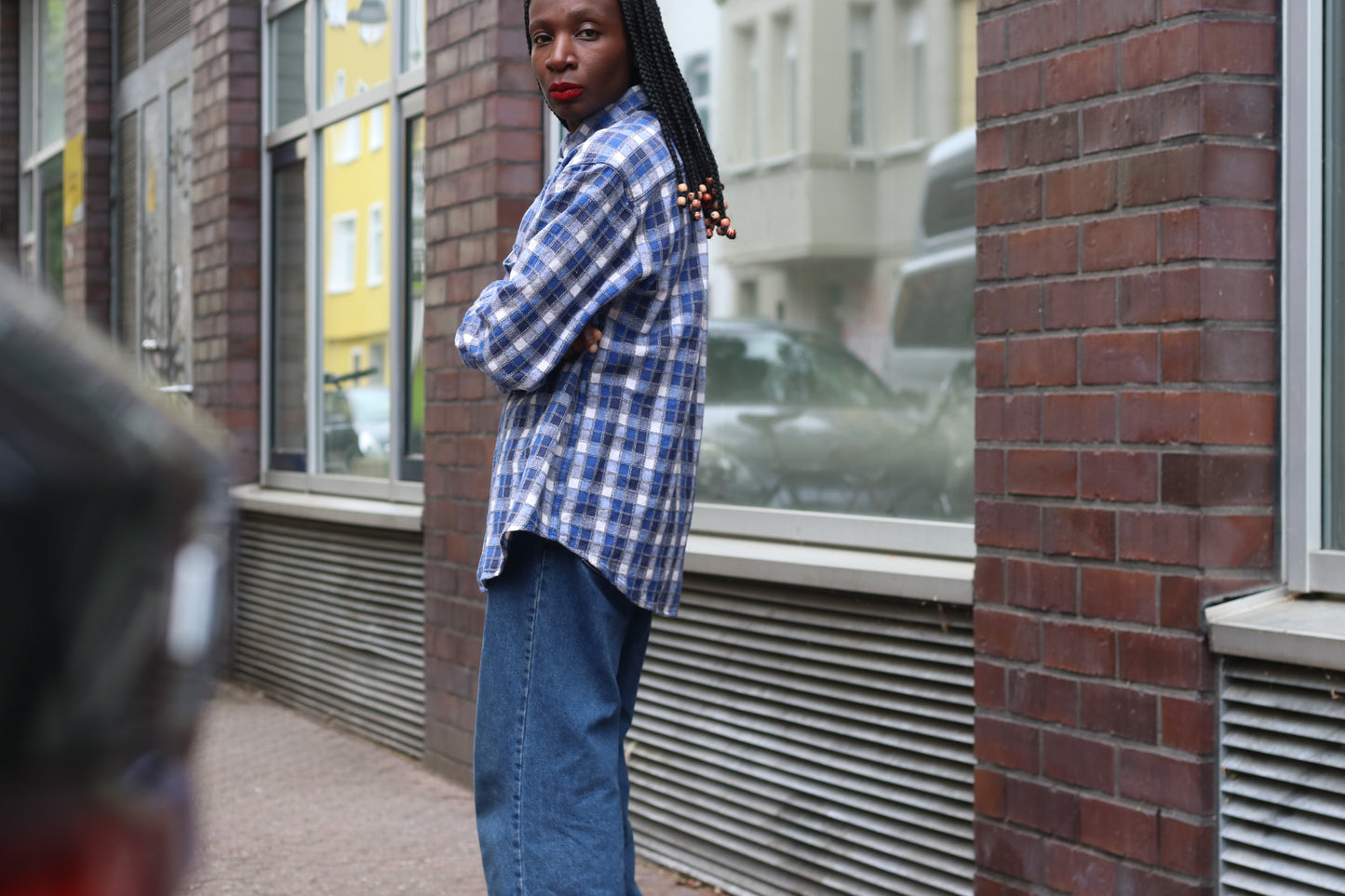 Vintage Kamro Plaid Flannel Shirt Blue White Oversized Cotton 90s