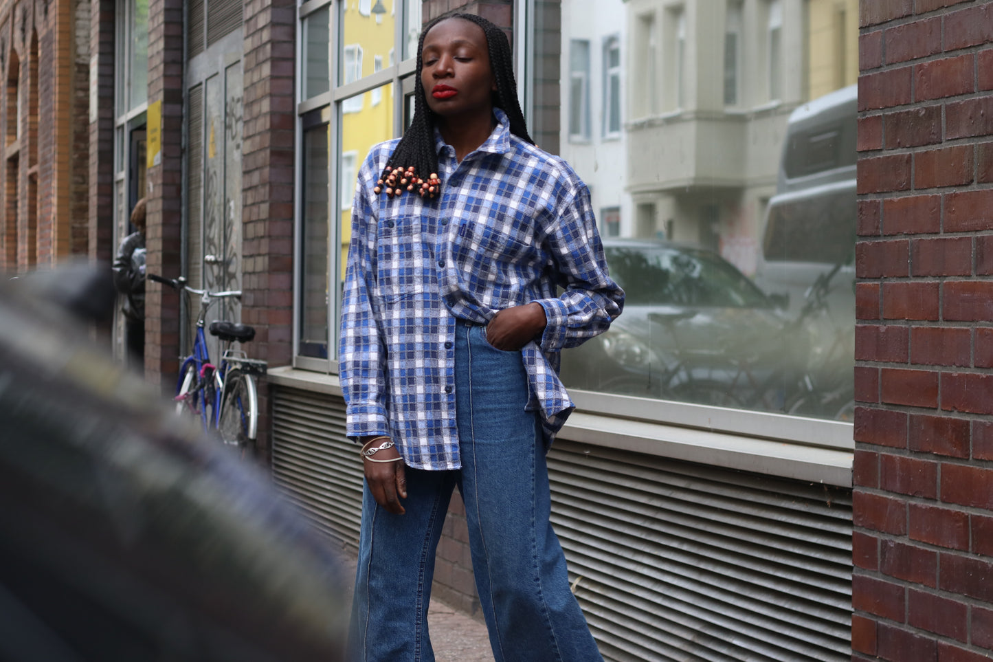 Vintage Kamro Plaid Flannel Shirt Blue White Oversized Cotton 90s