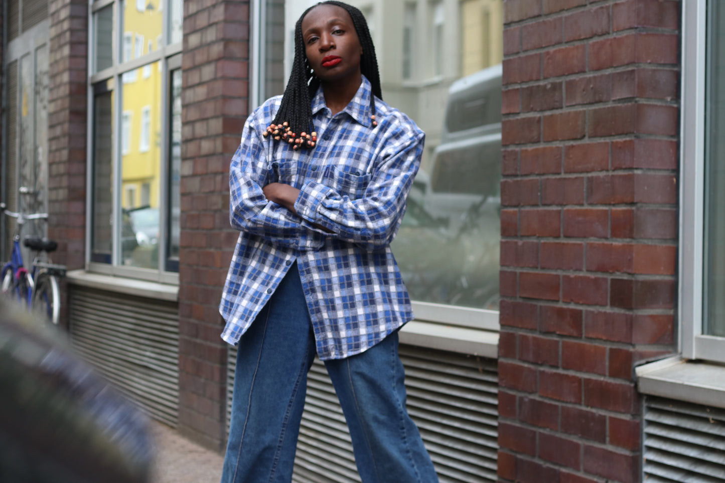 Vintage Kamro Plaid Flannel Shirt Blue White Oversized Cotton 90s