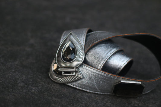 90s Metallic Leather Belt in Silver| Vintage Maximalist Women's belt| Waist Belt with Gem-like details