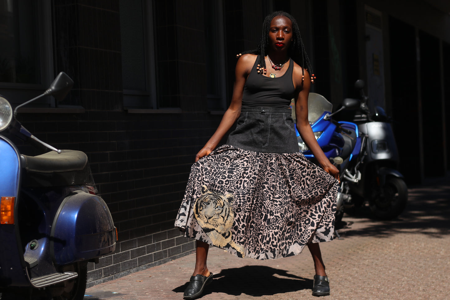 Vintage 90s Denim and Leopard Print Tiered Maxi Skirt