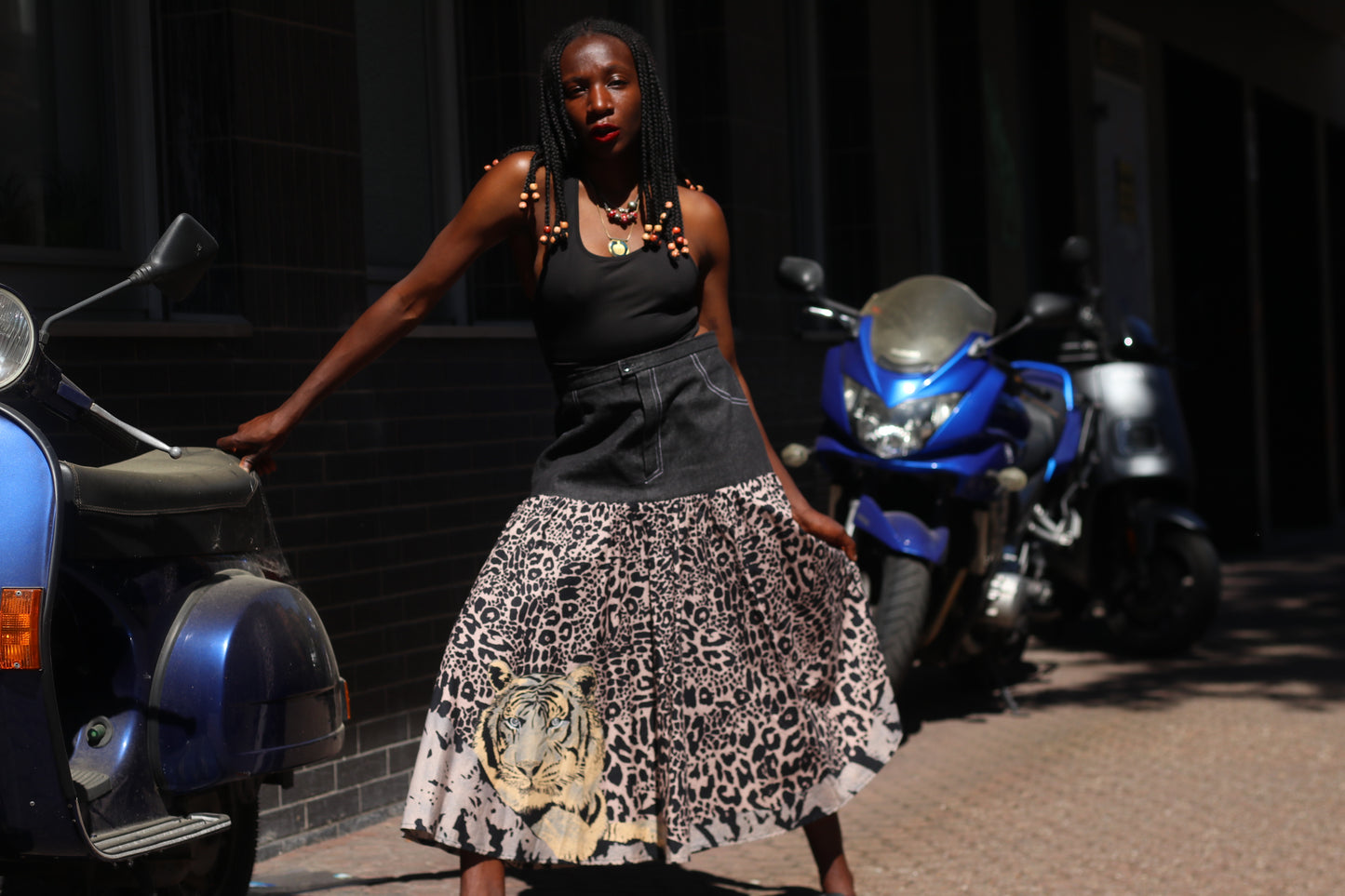 Vintage 90s Denim and Leopard Print Tiered Maxi Skirt