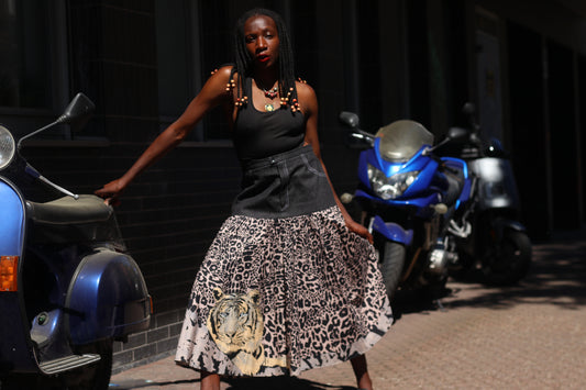 Vintage 90s Denim and Leopard Print Tiered Maxi Skirt