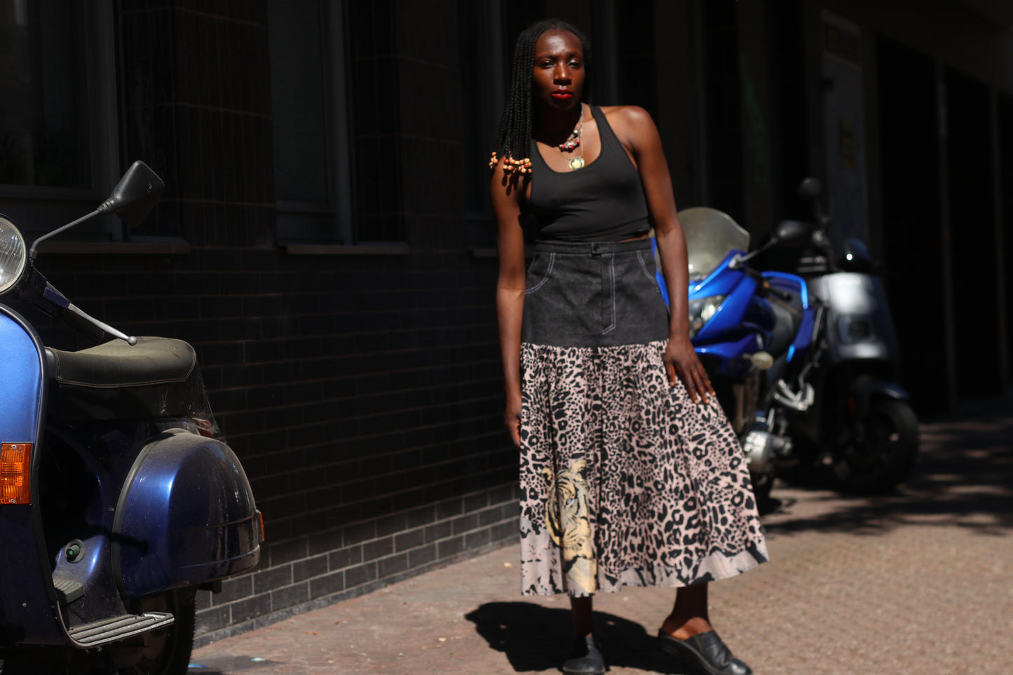 Vintage 90s Denim and Leopard Print Tiered Maxi Skirt