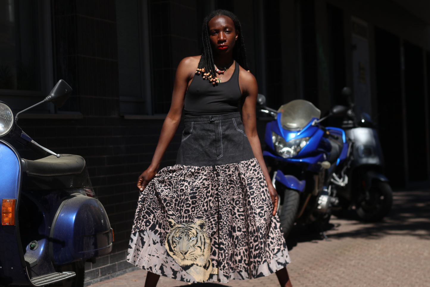 Vintage 90s Denim and Leopard Print Tiered Maxi Skirt