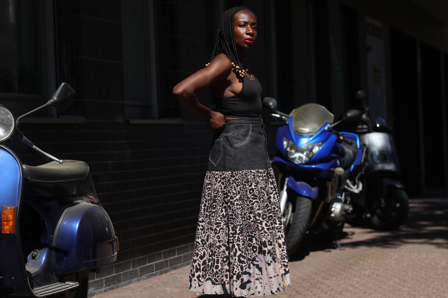 Vintage 90s Denim and Leopard Print Tiered Maxi Skirt