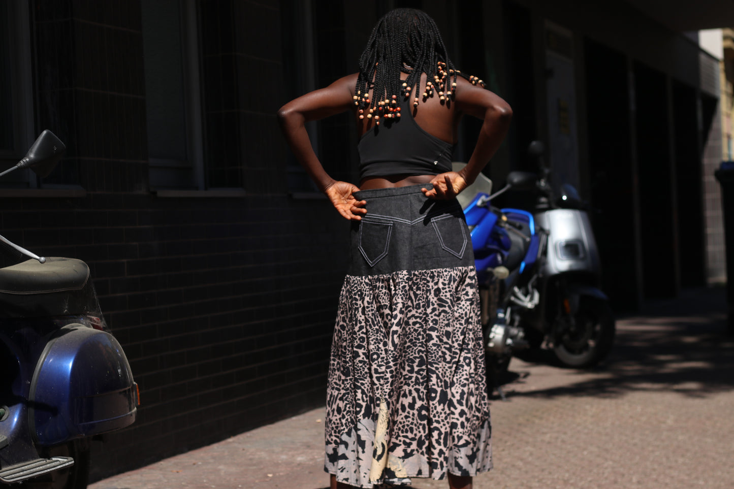 Vintage 90s Denim and Leopard Print Tiered Maxi Skirt