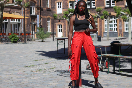 Vintage 90s Red Cargo Pants High Waisted Utility Trousers Straps Streetwear Gorpcore