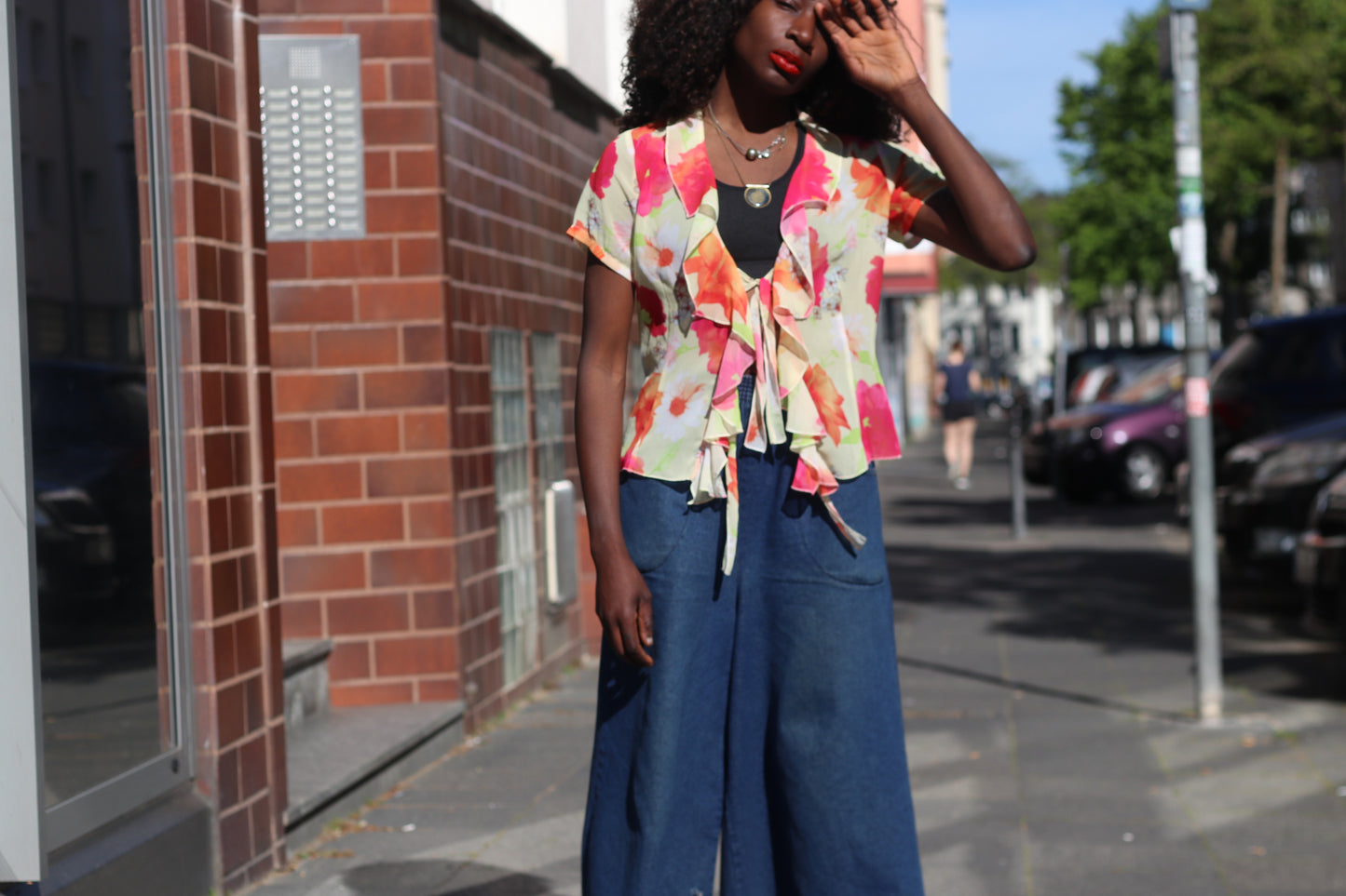 Vintage Gimaud Y2K Sheer Floral Ruffle Blouse - Pink & Orange Chiffon Top