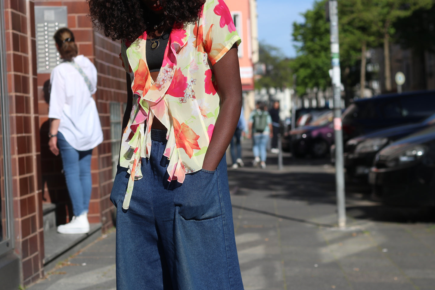 Vintage Gimaud Y2K Sheer Floral Ruffle Blouse - Pink & Orange Chiffon Top
