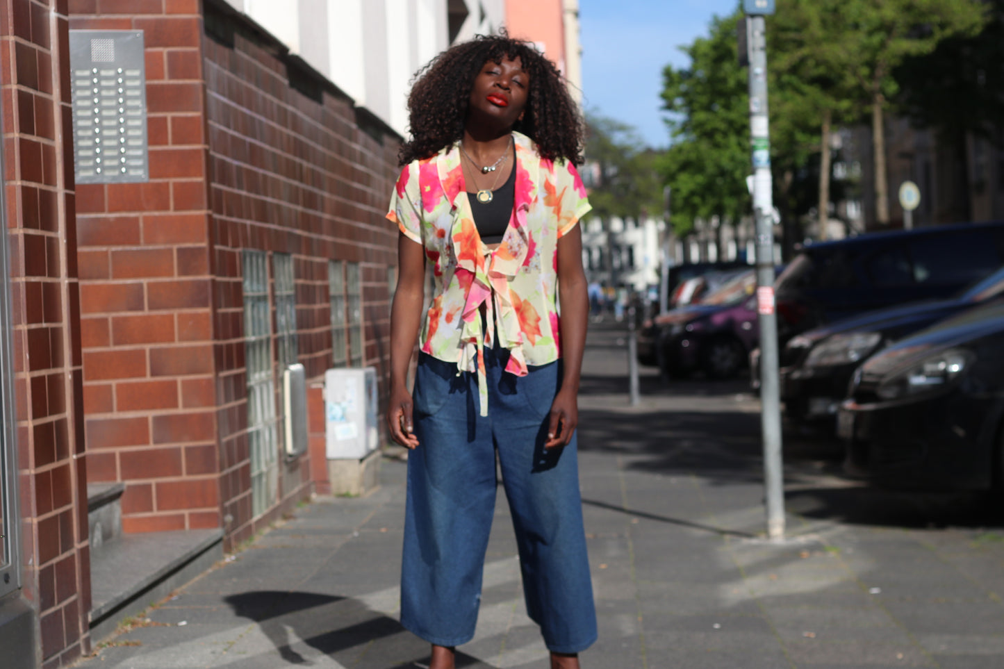Vintage Gimaud Y2K Sheer Floral Ruffle Blouse - Pink & Orange Chiffon Top