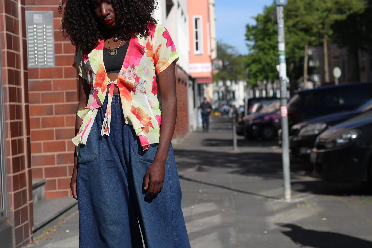 Vintage Gimaud Y2K Sheer Floral Ruffle Blouse - Pink & Orange Chiffon Top
