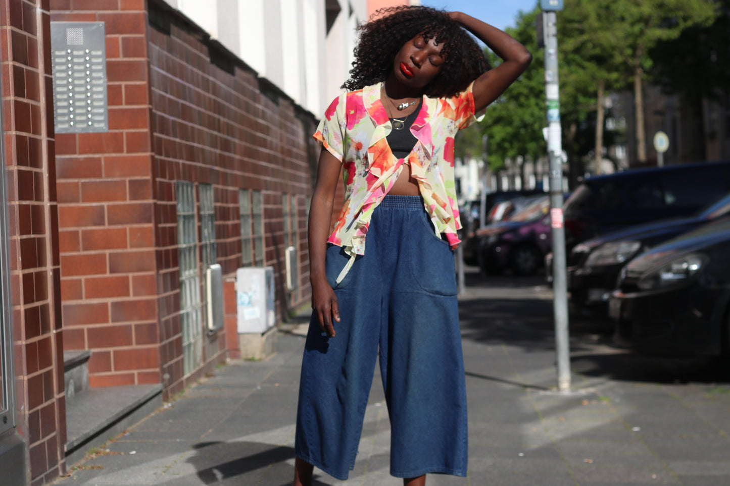 Vintage Gimaud Y2K Sheer Floral Ruffle Blouse - Pink & Orange Chiffon Top