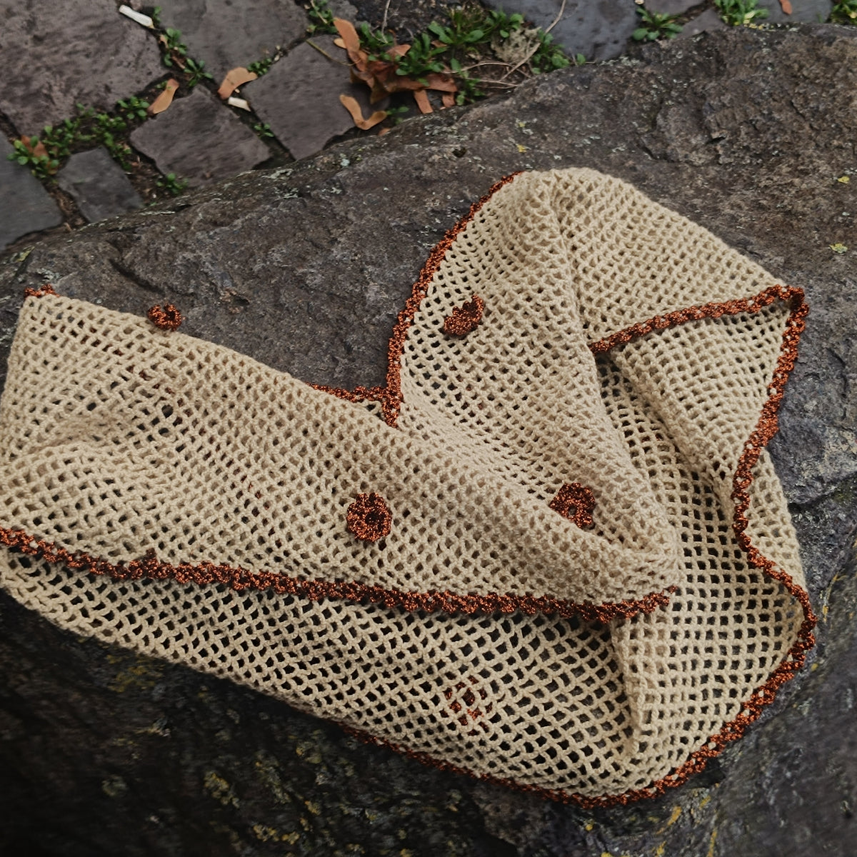 Crochet Mesh Scarf | Vintage 90s Beige Metallic Trim | One Size