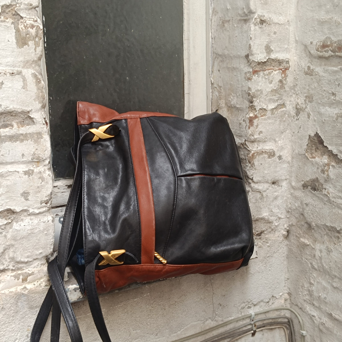 Vintage Leather Tote Bag | 90s Two Tone Black Brown Shoulder Purse