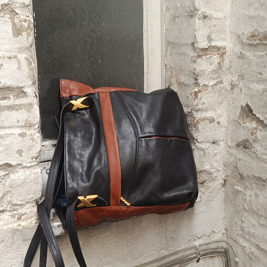 Vintage Leather Tote Bag | 90s Two Tone Black Brown Shoulder Purse