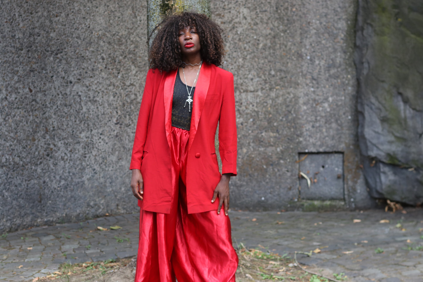 Vintage Red Tuxedo Blazer | 80s Satin Shawl Collar Evening Coat | M