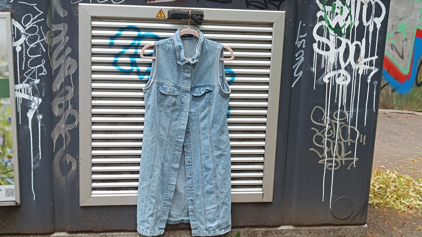 Vintage 90s Denim Dress Sleeveless Light Wash Jean Midi Snap Button Coat Dress