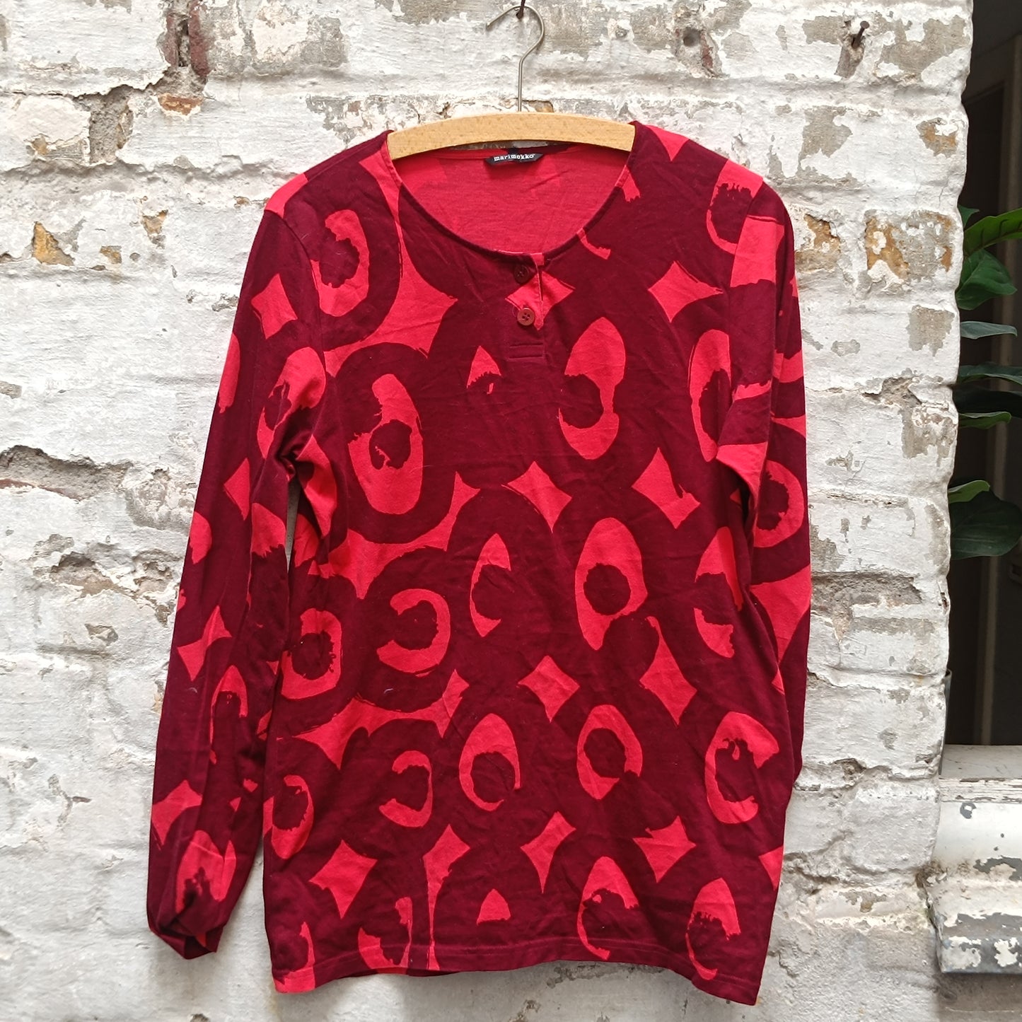 Marimekko Vintage Red Graphic Top - Y2K Long Sleeve Cotton Shirt