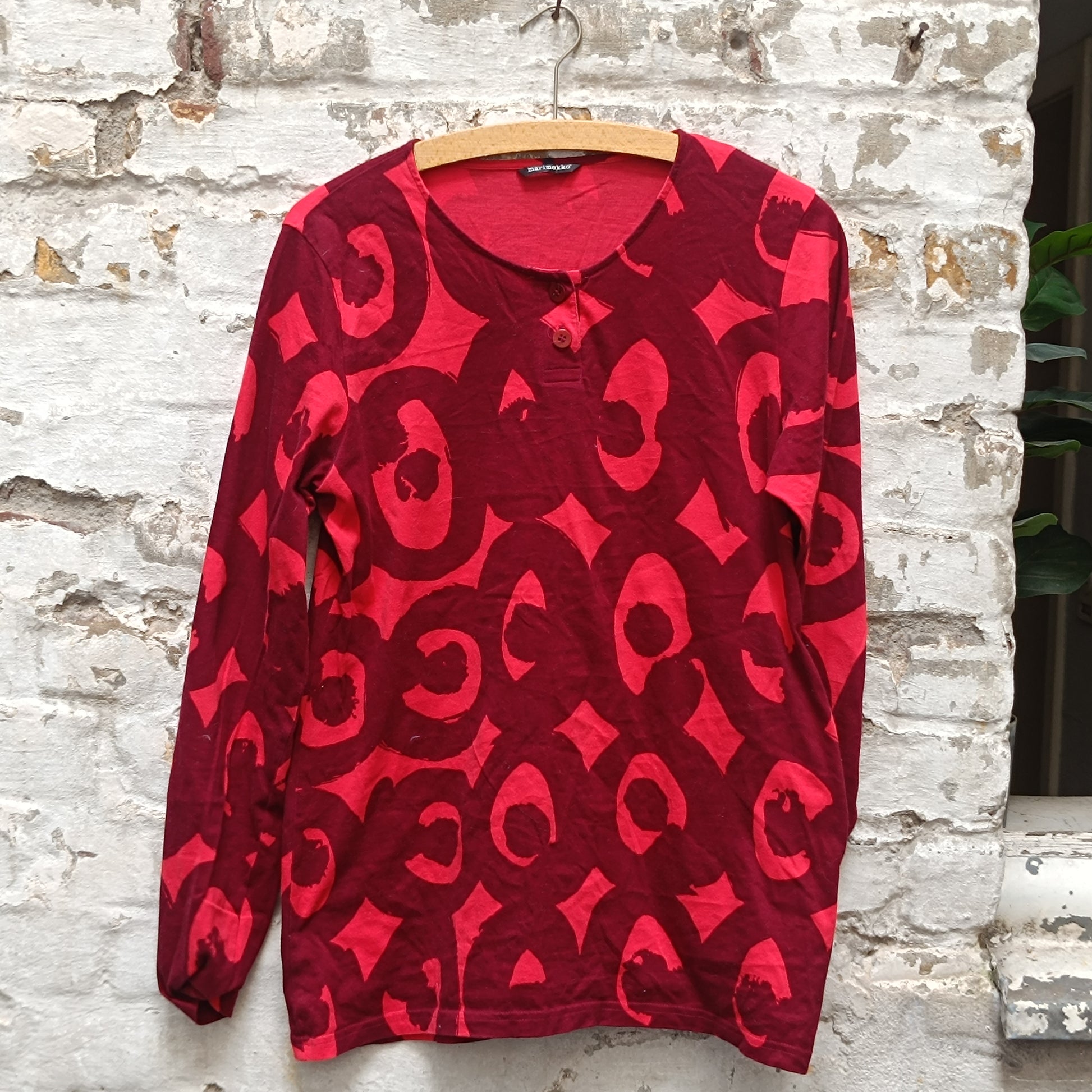Marimekko Vintage Red Graphic Top - Y2K Long Sleeve Cotton Shirt
