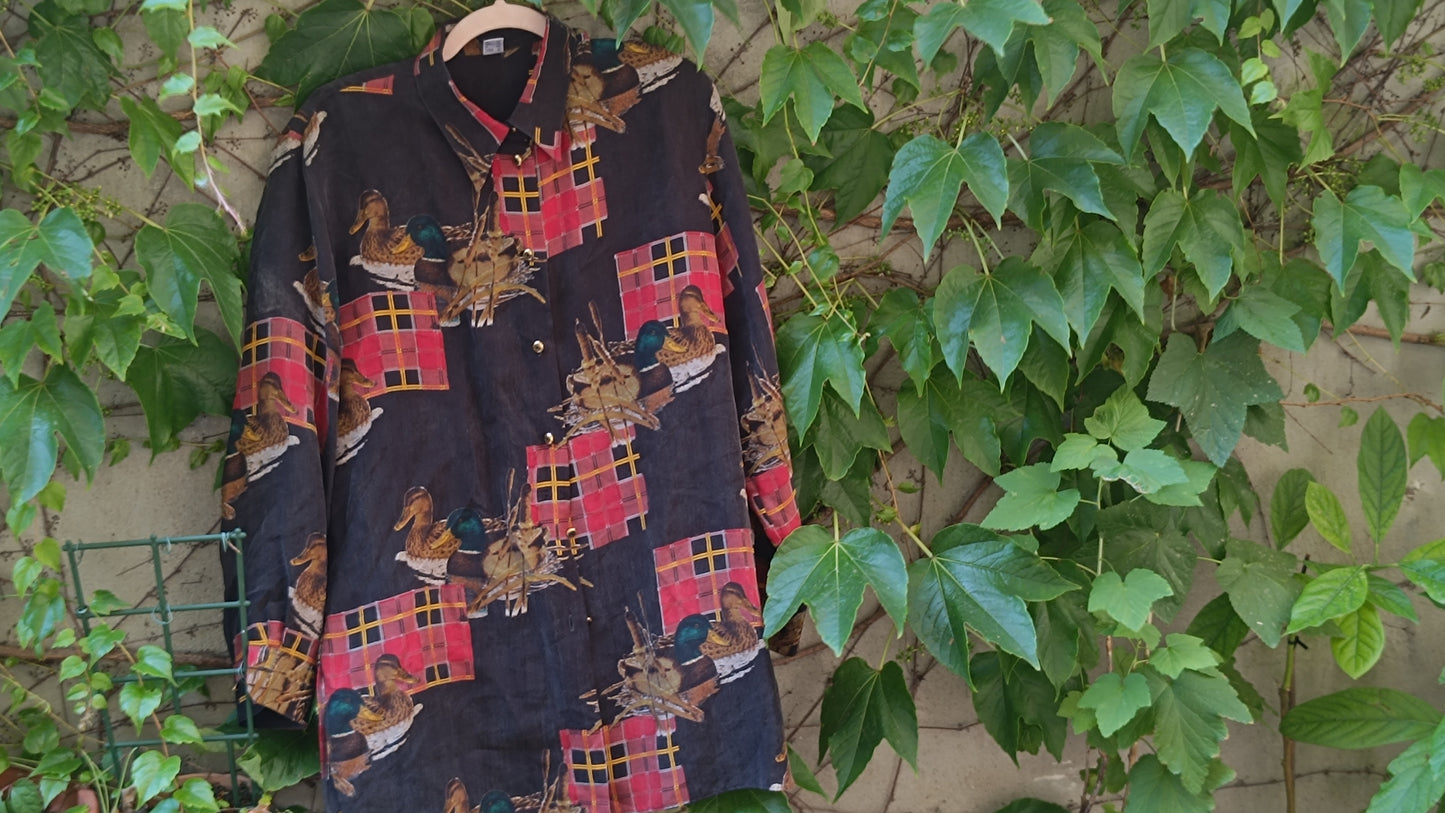 Vintage 90s Duck Pattern Shirt - Retro Plaid Button Up Blouse - L