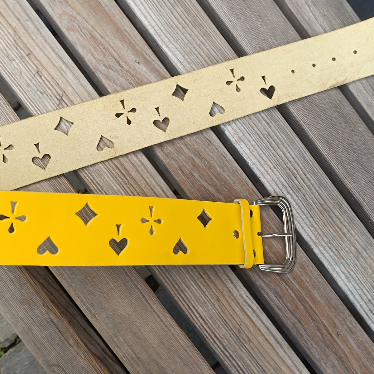 Vintage 90s Yellow Leather Belt - Playing Card Suit Cutouts