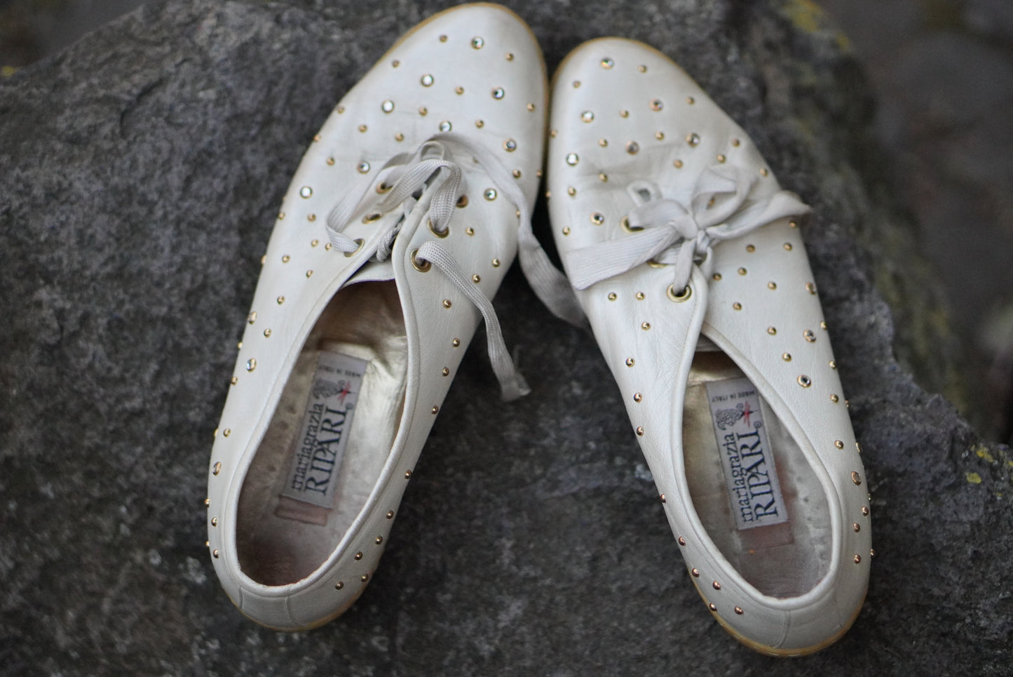 Mariagrazia Ripari Vintage Shoes 80s White Leather Studded Rhinestone Sneakers