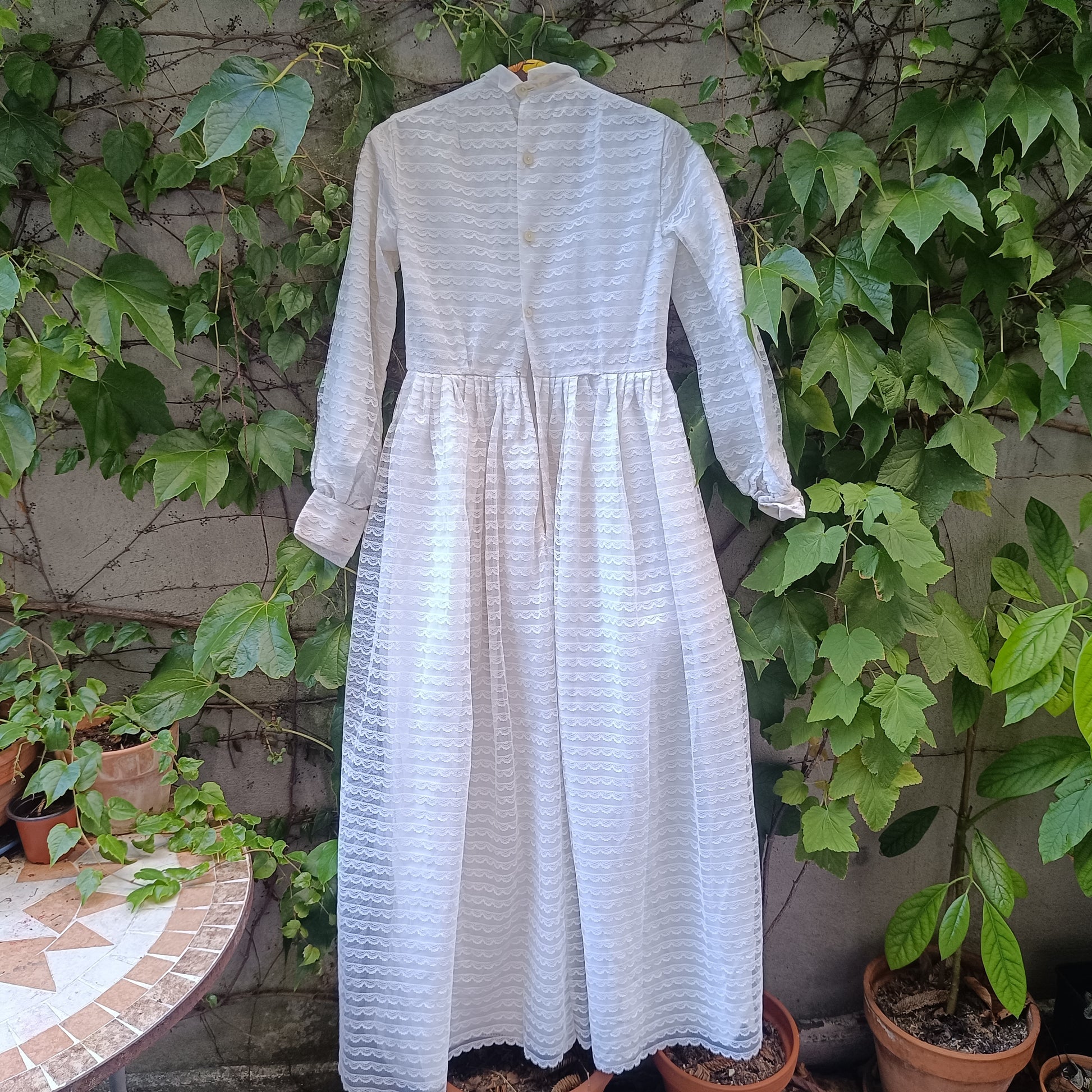 Vintage 70s White Lace Maxi Dress, Small, High Collar, Tiered Scallop Lace