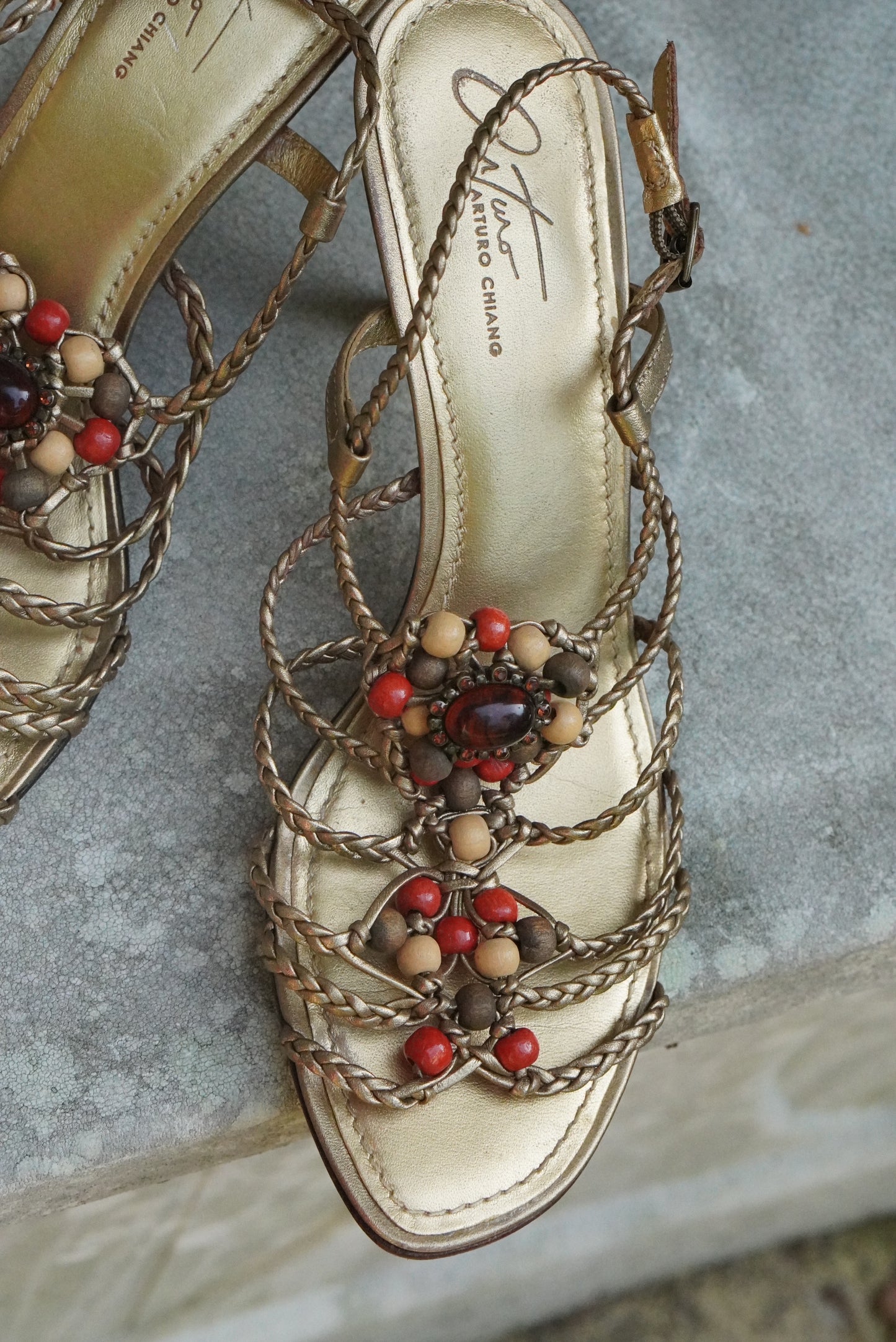 Arturo Chiang Vintage Y2K Gold Leather Beaded Heeled Sandals - Size US 7.5