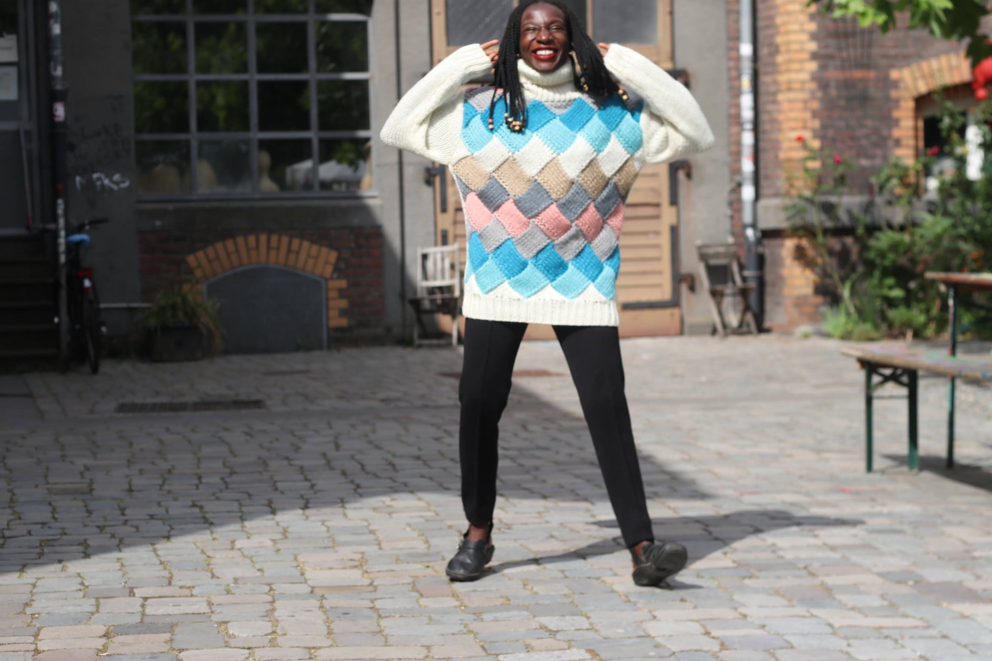 Vintage 80s Geometric Knit Turtleneck Sweater - Oversized Chunky Jumper