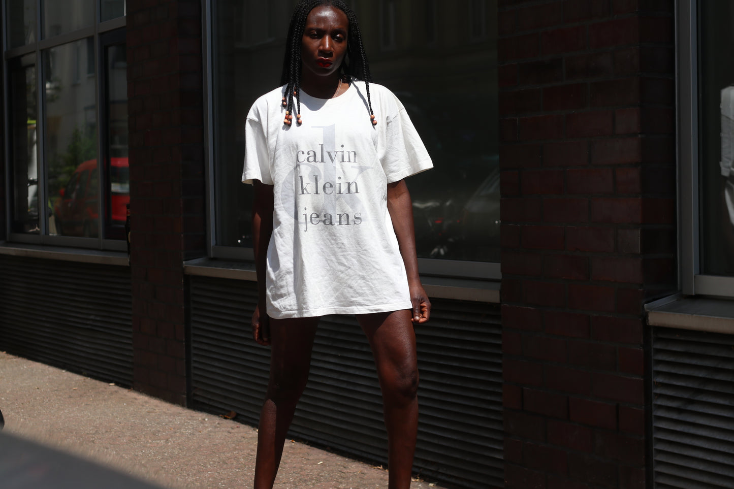 Vintage 90s Calvin Klein Jeans Tee L Cream Beige cK Big Logo Single Stitch T-Shirt