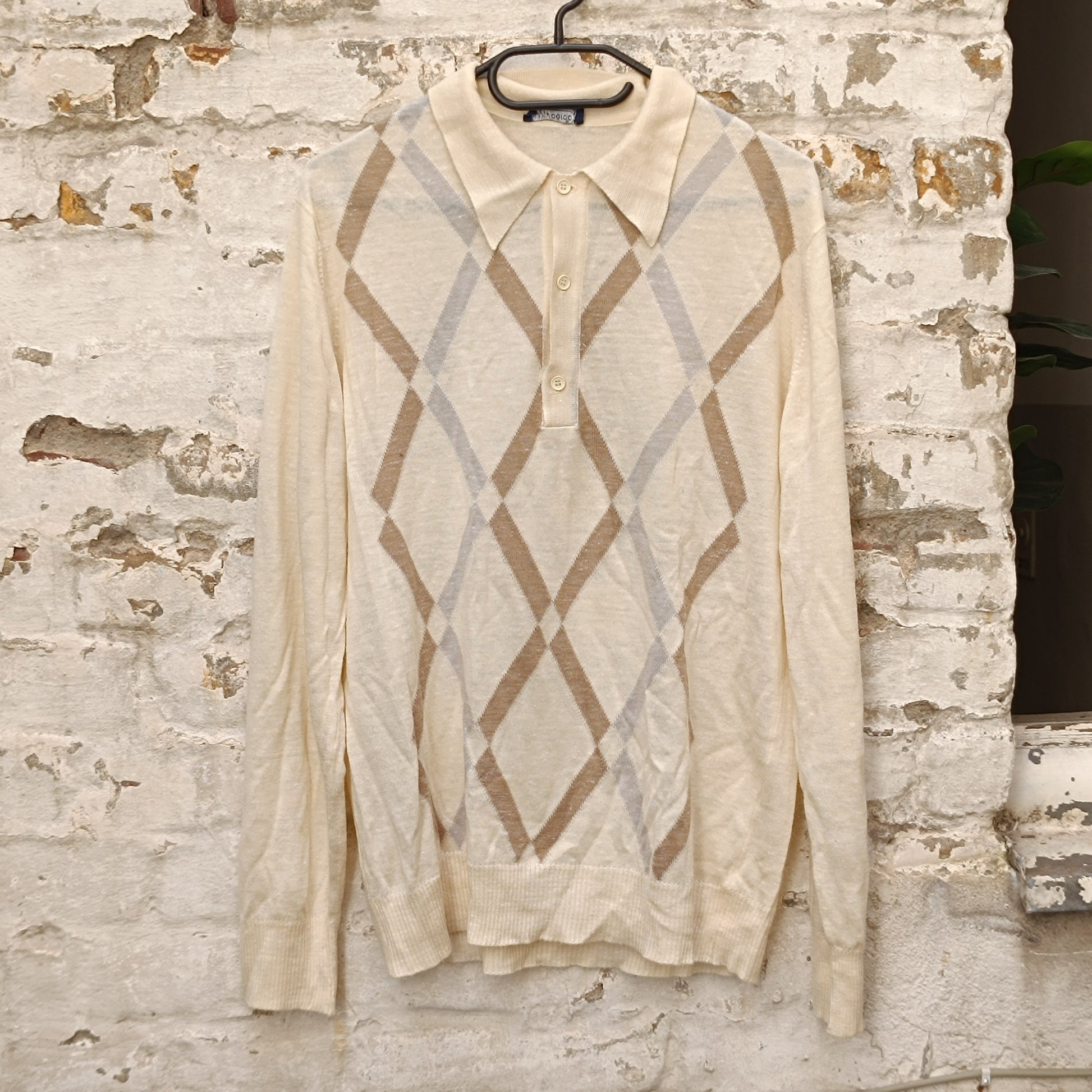 Argyle Sweater | Vintage 70s Guy de Bérac Cream Knit Polo | M/L