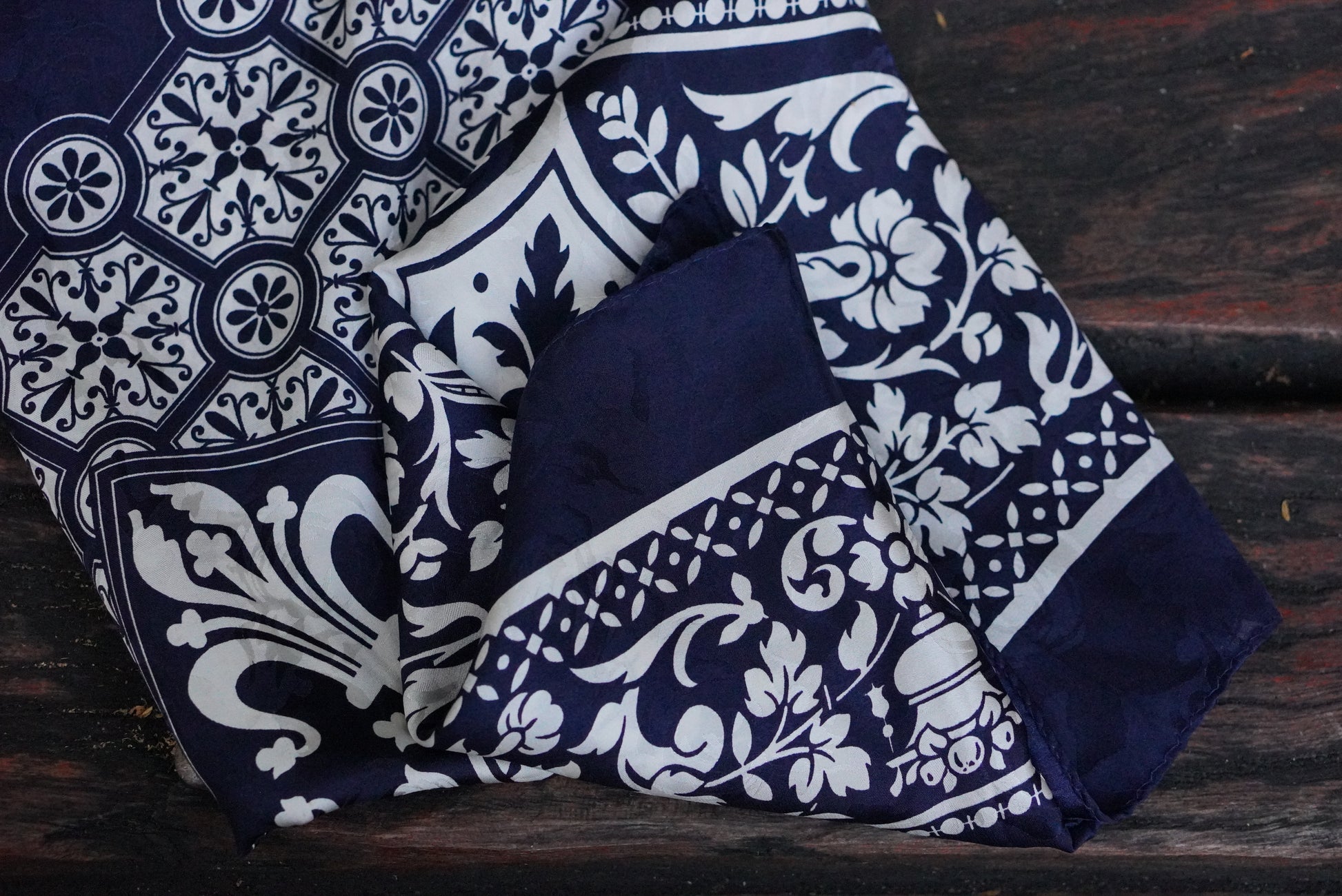 Vintage Italy Silk Scarf Blue White Baroque Medallion Head Neck Square Wrap Bandana