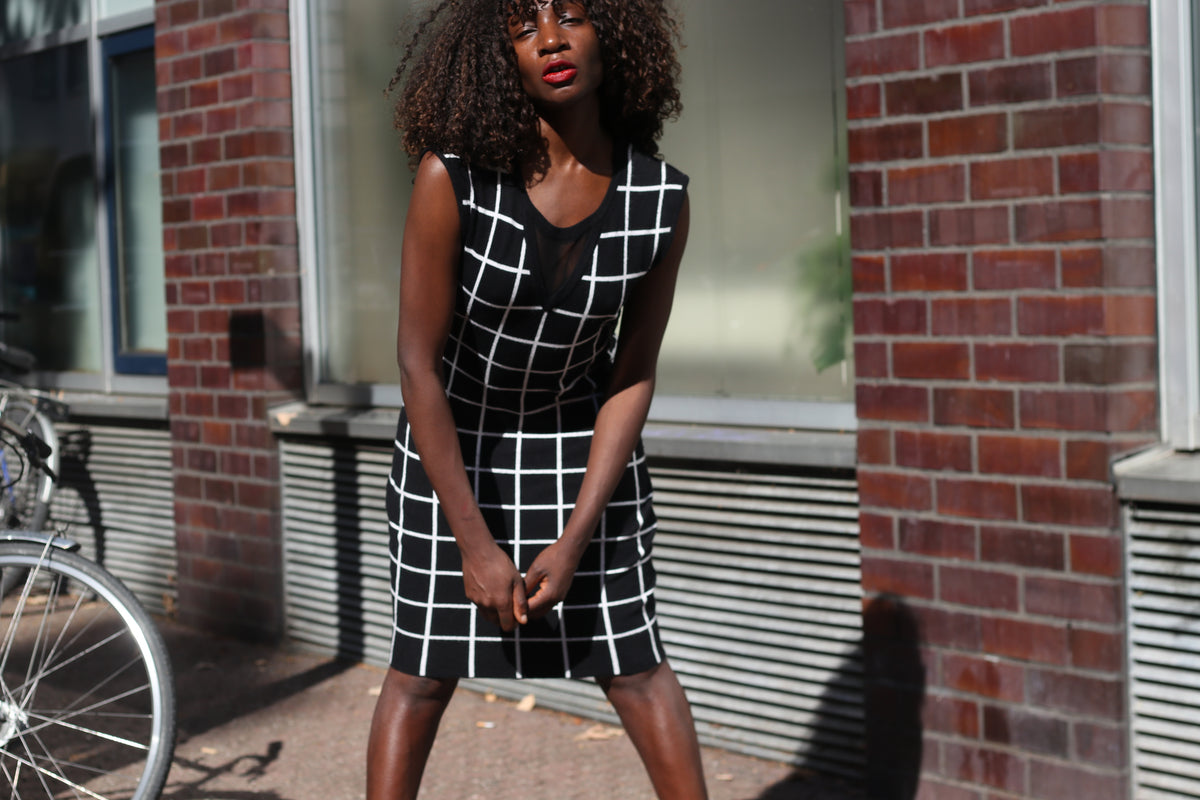 Grid Print Knit Dress | Black White Y2k Morgan Du Toi Sleeveless Bodycon