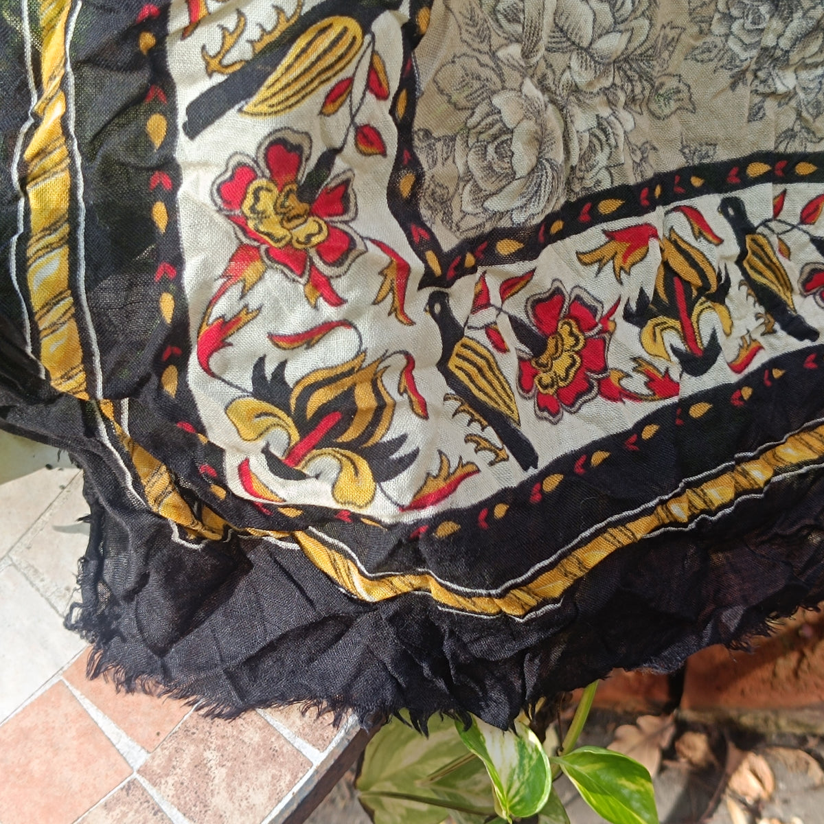 Marc Rozier Paris Vintage Scarf - Floral Mandala Wool Blend Wrap - Black Gold