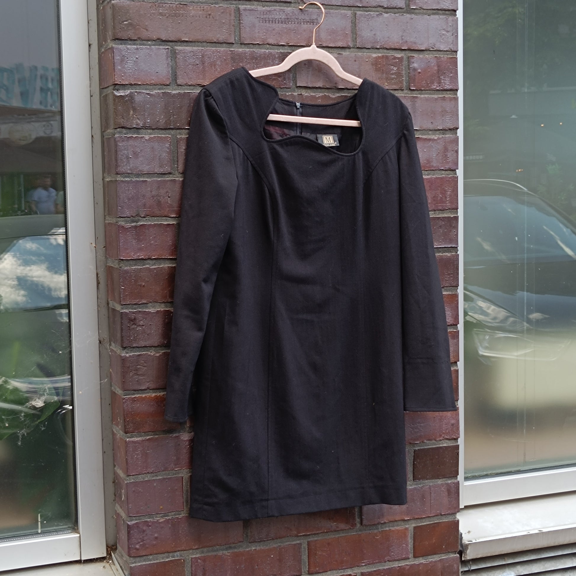 Madeleine Vintage 90s Dress Black Wavy Square Neck Asymmetric Avant Garde LBD M