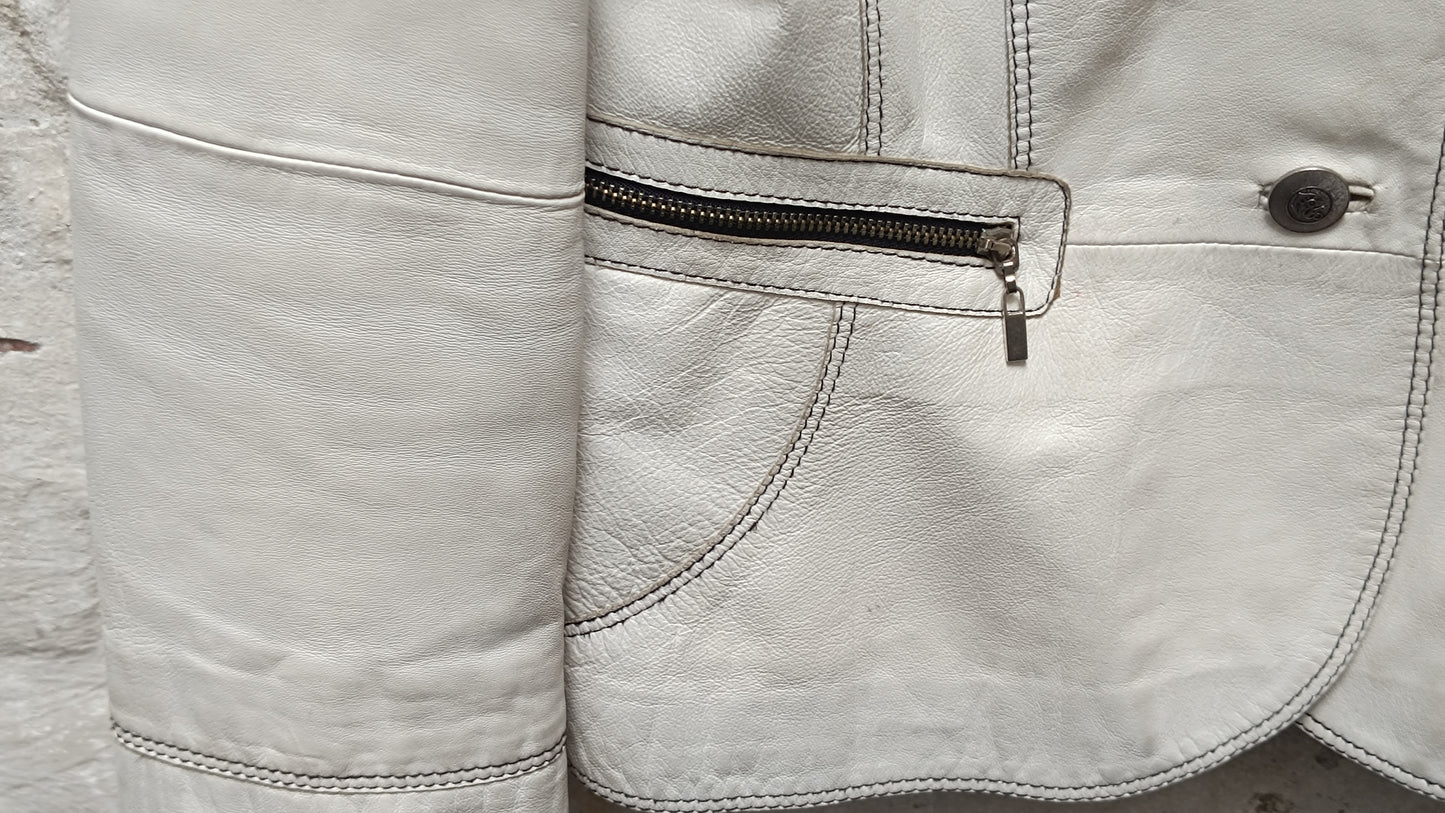 Gerry Weber Vintage Leather Jacket White Beige Blazer Coat 90s Vintage Leather