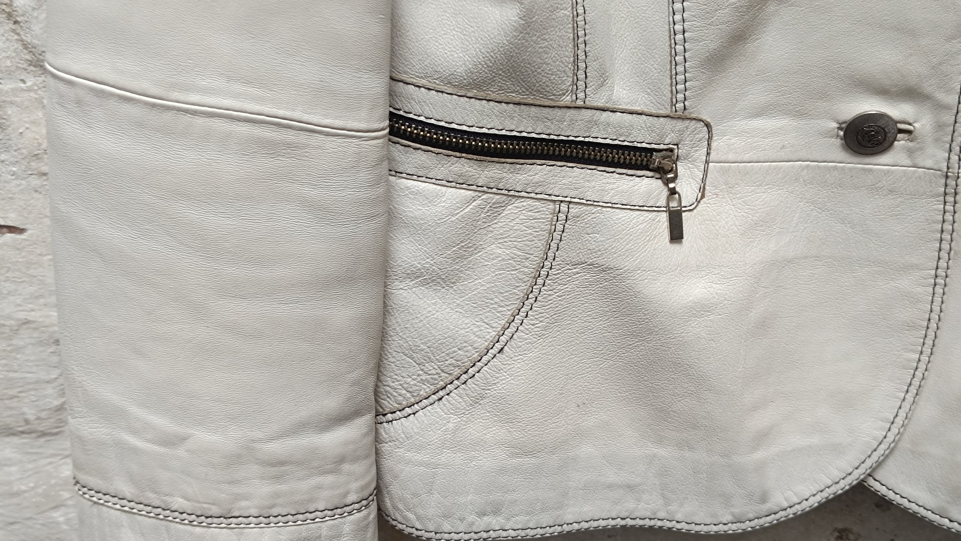 Gerry Weber Vintage Leather Jacket White Beige Blazer Coat 90s Vintage Leather