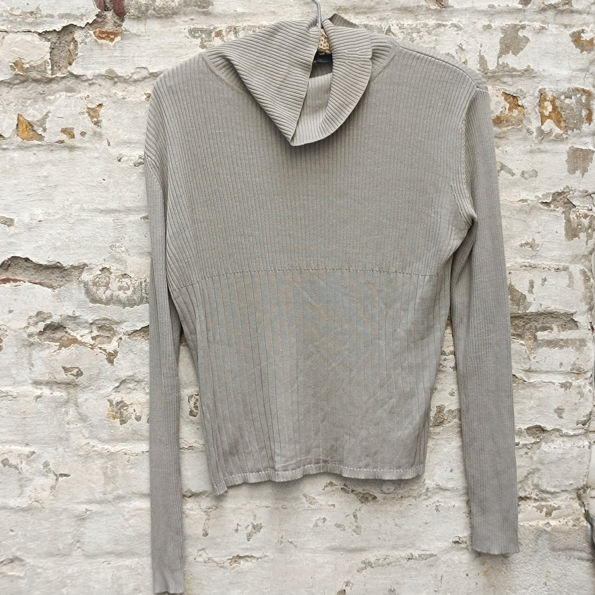 Vintage Marc Aurel 100% Silk Ribbed High Neck Top in Beige