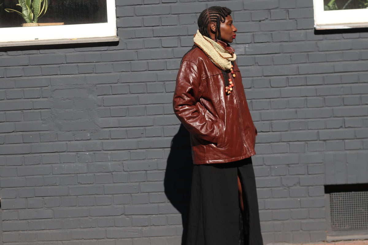 Vintage Brown Leather Jacket - 90s Minimalist Zip Coat - L