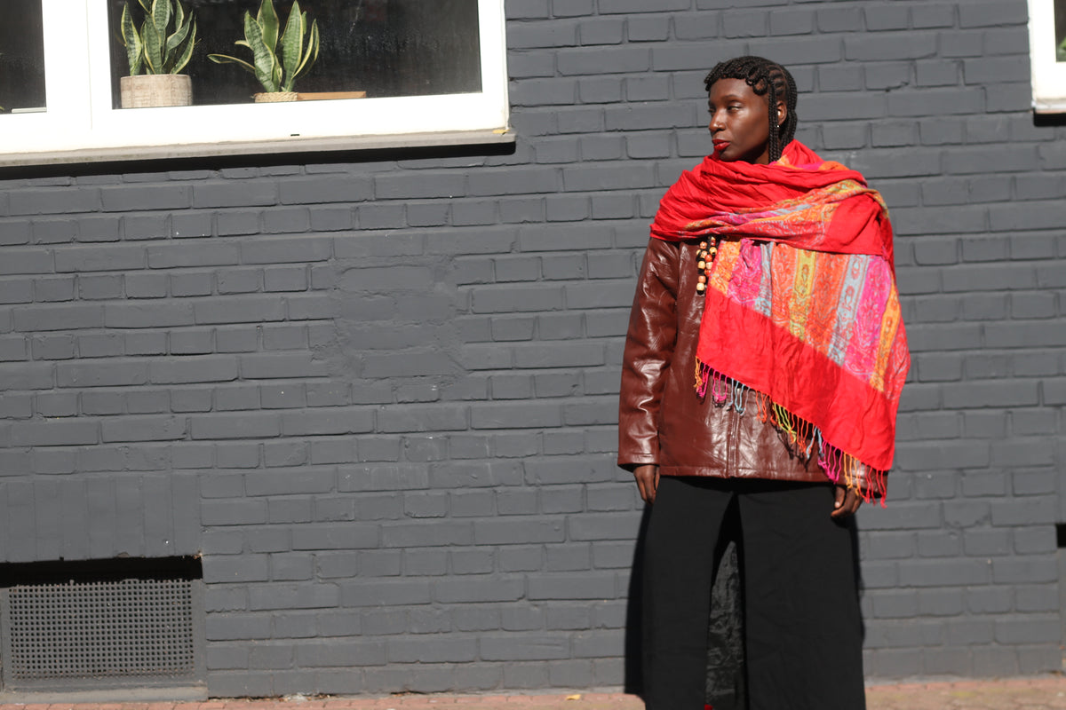 Vintage Red Paisley Pashmina Shawl - Boho Fringe Wrap Scarf