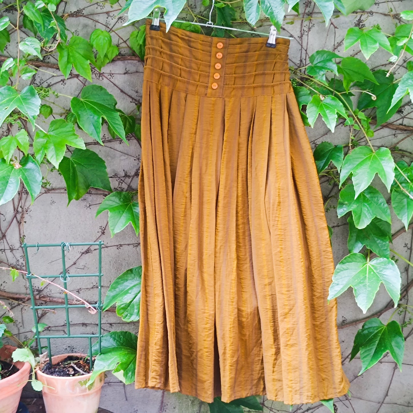 Vintage 70s Mustard Gold Maxi Skirt - Striped Boho Pleated Long Skirt