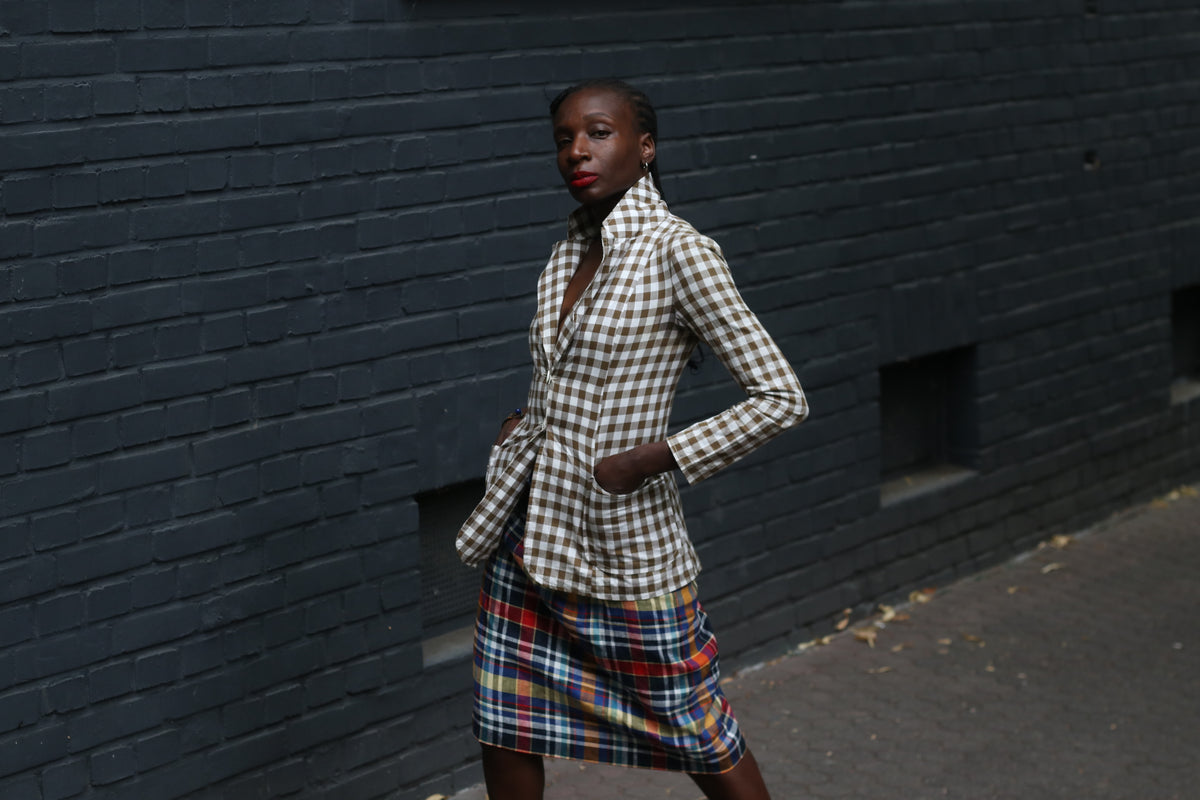 Gingham Blazer Jacket | Vintage French Brown White | Fits XS S