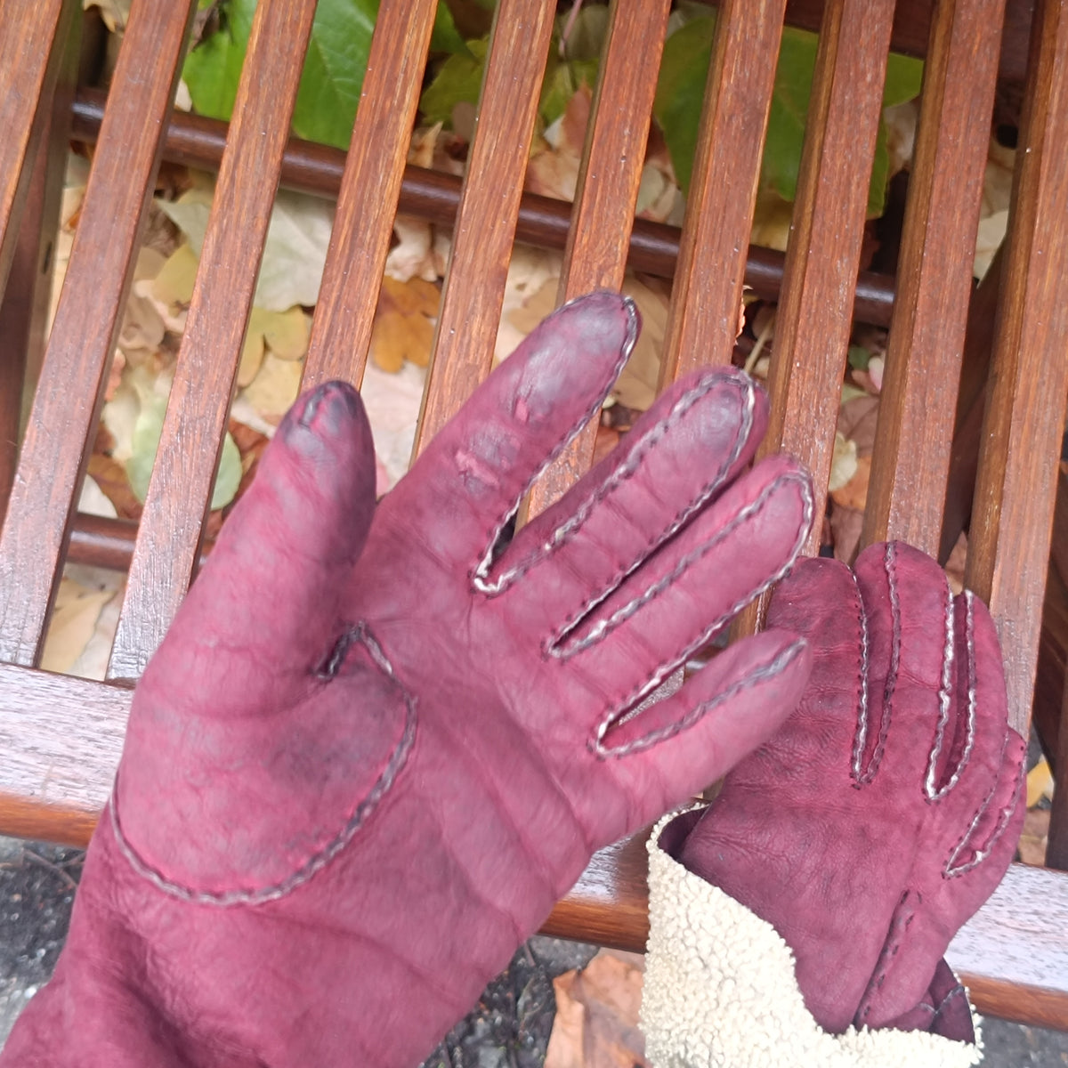 Burgundy Leather Gloves Vintage 70s Faux Shearling Lined Winter Mittens | S