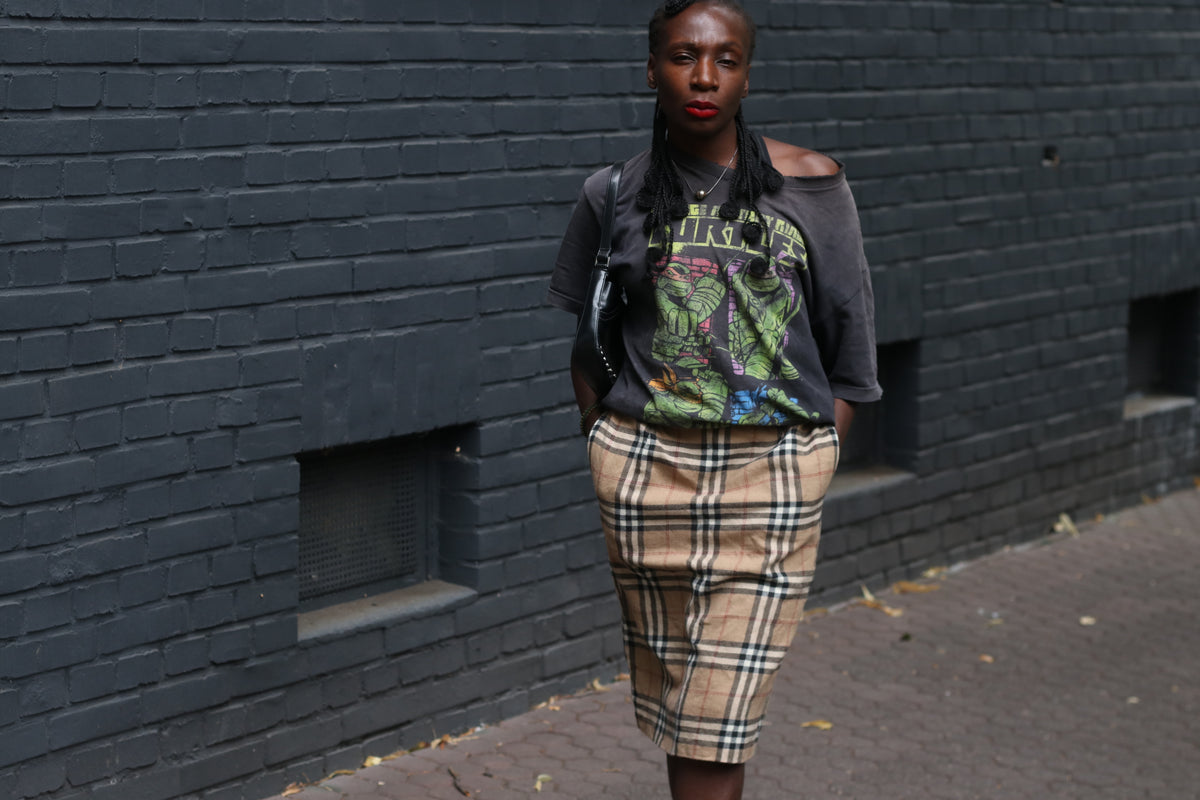 Vintage Wool Plaid Pencil Skirt| y2k Antonette Beige Check Midi - M