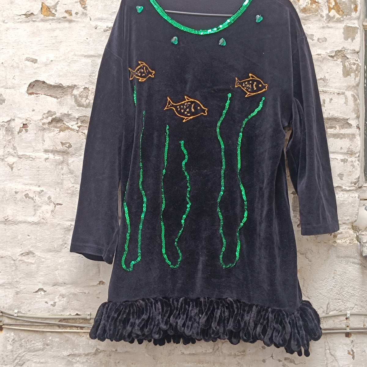 Vintage Velvet Tunic Dress - 90s Black Sequin Fish Mini Dress - L