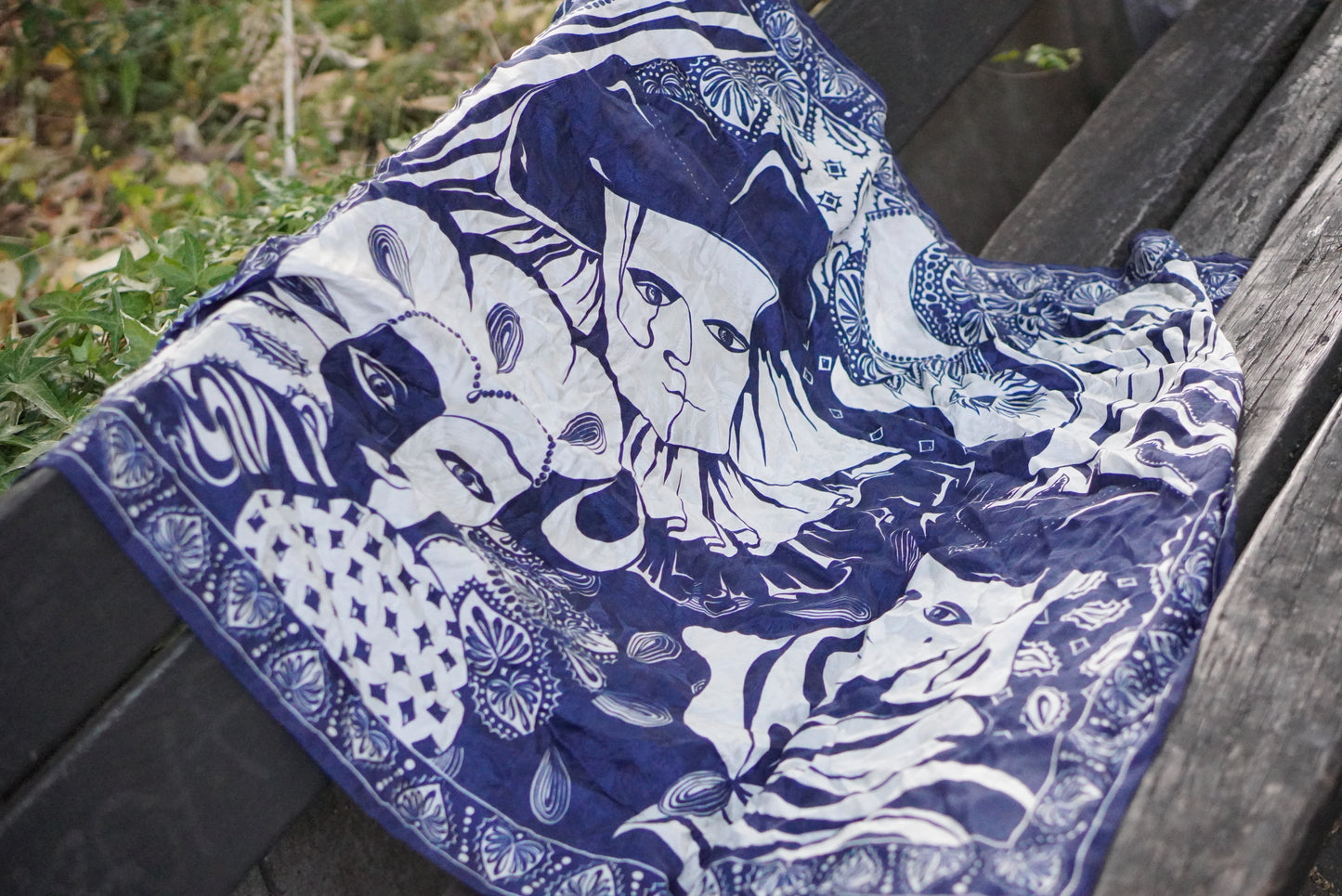 Vintage 1980s Silk Scarf Venetian Masquerade Navy Blue Jacquard Harlequin Border