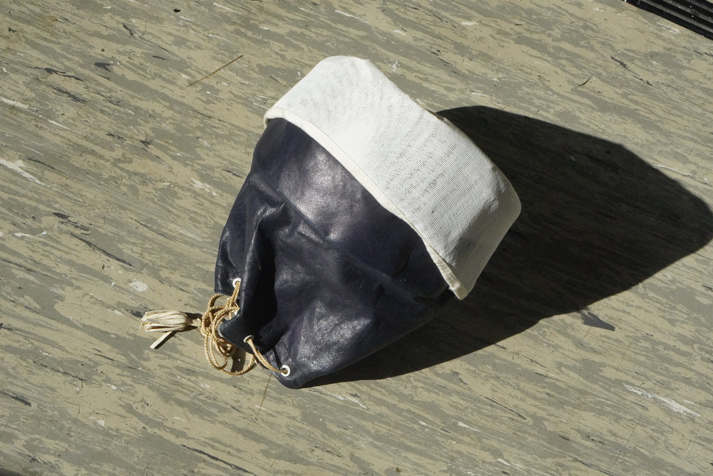 Vintage 70s Navy Leather Bucket Bag | Canvas Base Drawstring Pouch