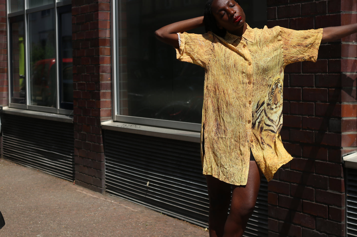 Vintage 90s Tiger Graphic Shirt Oversized Silk Blend Yellow Animal Print Blouse