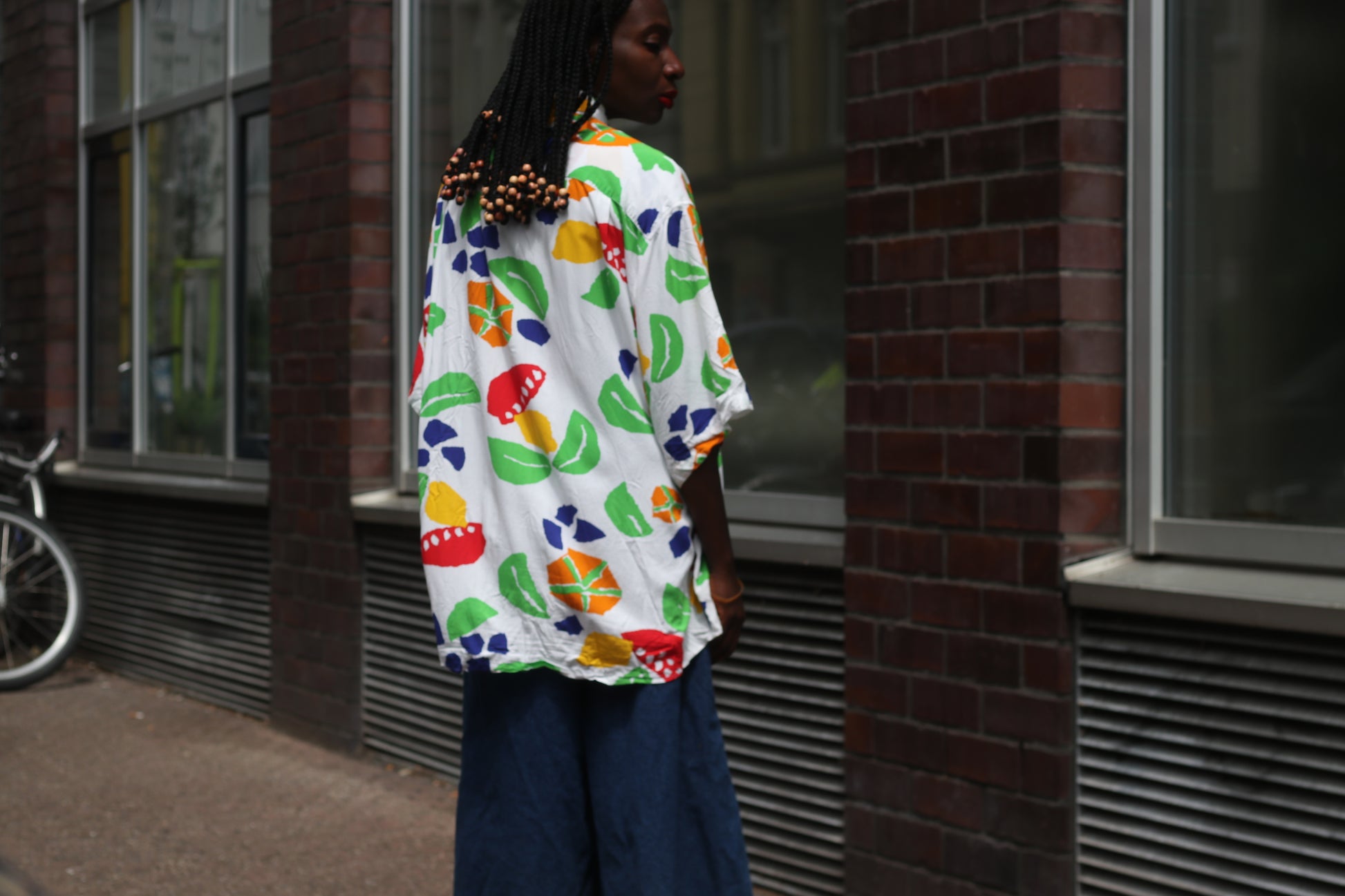 Vintage 1980s Abstract Fruit Print Button Up Shirt Oversized Pop Art Blouse L XL